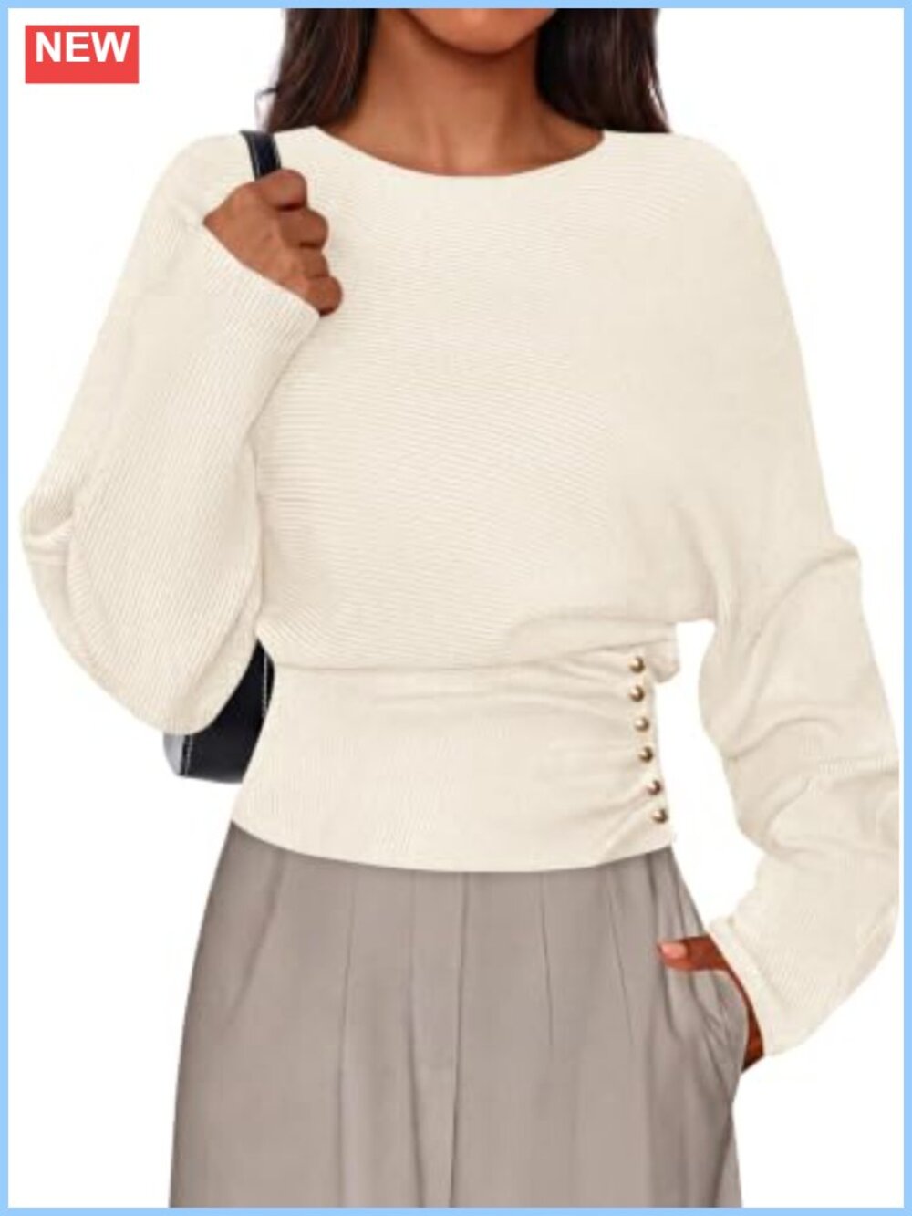 Batwing Sleeve Knit Sweater Pullover Ribbed Cinched Waist Fall Top